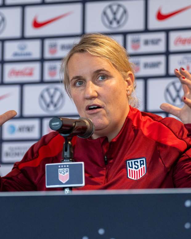 Emma Hayes of the United States talks to the media before USWNT training at Lynn Family Stadium