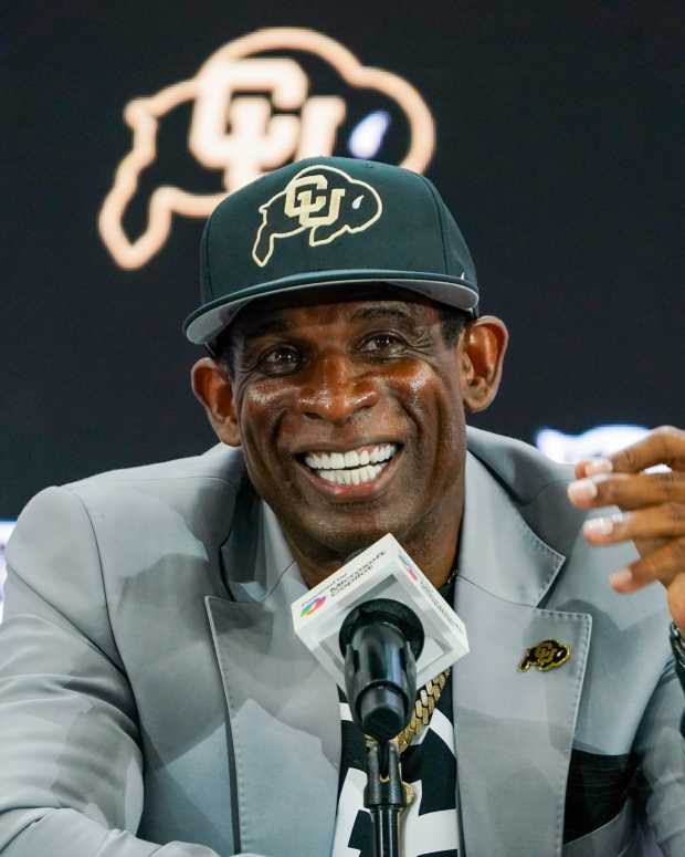 Colorado head coach Deion Sanders speaks at 2025 Big 12 Football Media Days.
