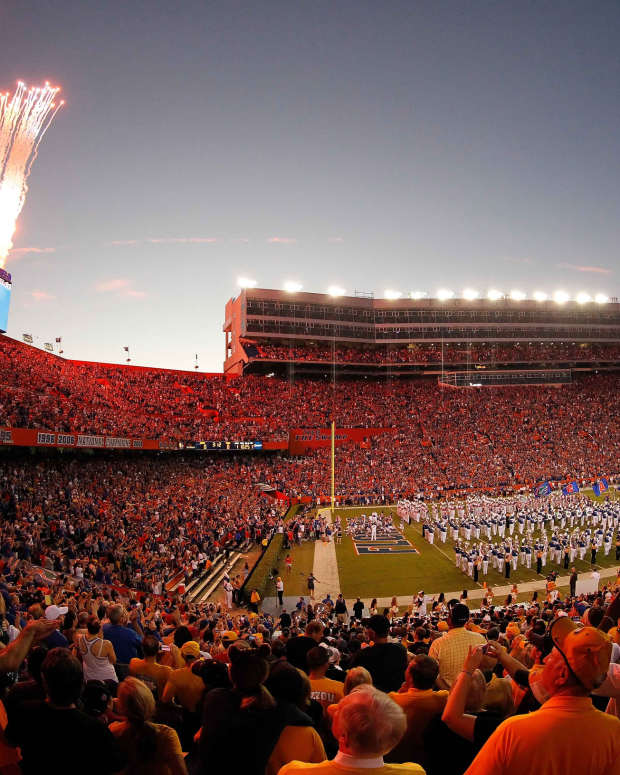 A general view of Florida Field as fireworks go off at Ben Hill Griffin Stadium.