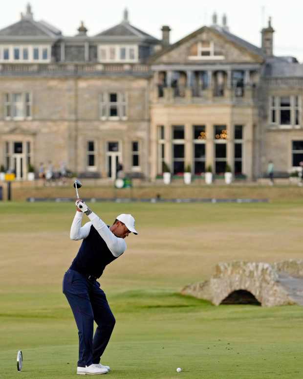 Tiger Woods tees off on the 18th hole during the first round of the 150th Open Championship at St. Andrews Old Course; July 14, 2022; St. Andrews, SCT