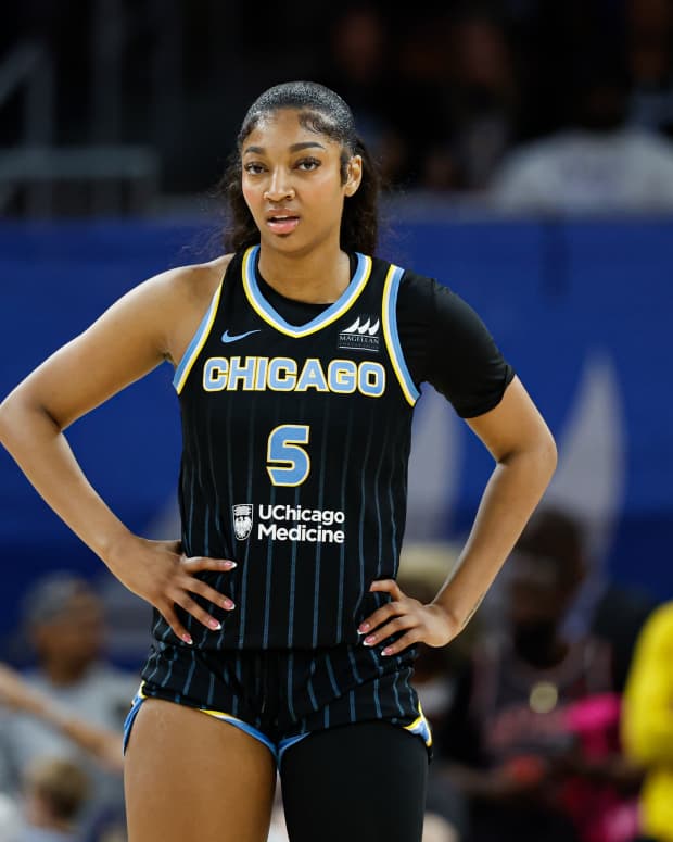 Chicago Sky star Angel Reese looks on during a game against the Las Vegas Aces.