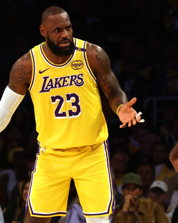 LeBron James of the Los Angeles Lakers and NBA referee James Williams