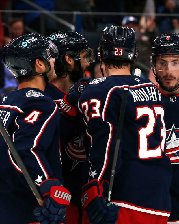 Columbus Blue Jackets defenseman Ivan Provorov (9) celebrates his goal against the Winnipeg Jets.