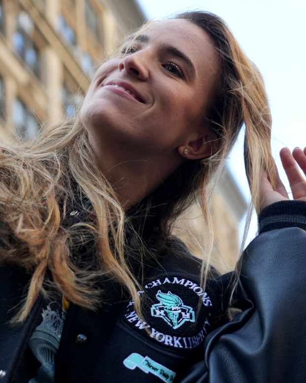 Sabrina Ionescu, of the New York Liberty is shown during the ticker-tape parade, Thursday, October 24, 2024, in Manhattan.