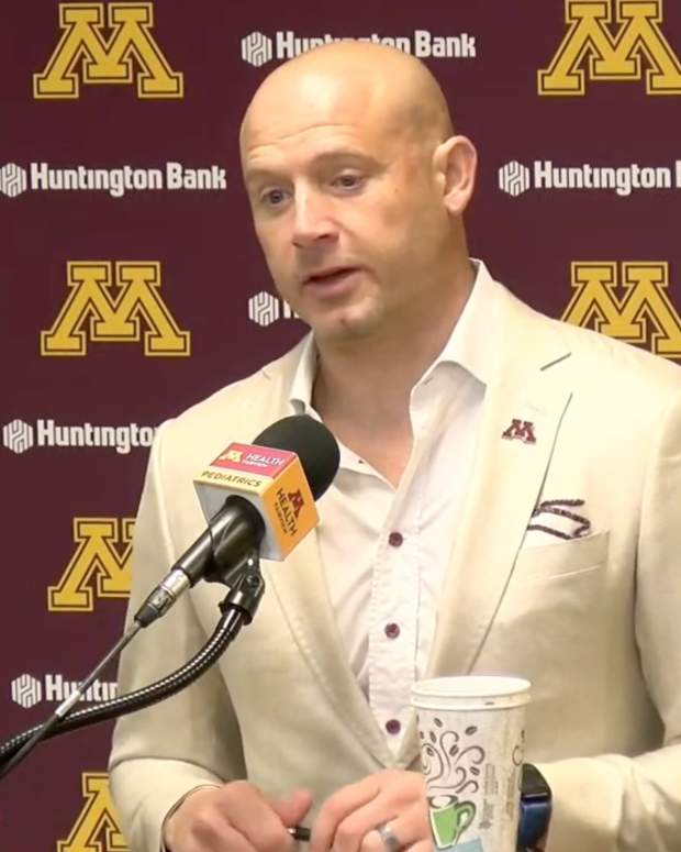 Minnesota Golden Gophers head coach P.J. Fleck speaks with reporters on Monday, Nov. 18, 2024.