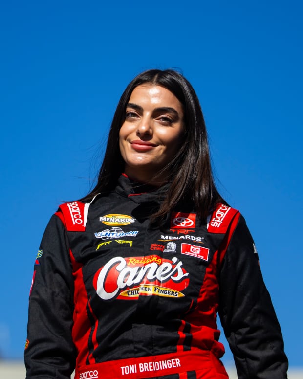 Nov 3, 2023; Avondale, Arizona, USA; NASCAR ARCA West series driver Toni Breidinger (25) during the Desert Diamond Casino West Valley 100 at Phoenix Raceway. Mandatory Credit: Mark J. Rebilas-Imagn Images  