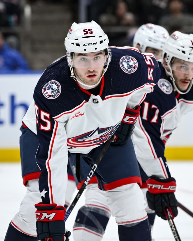 Columbus Blue Jackets defenseman David Jiricek (55) during a game against the New York Islanders.