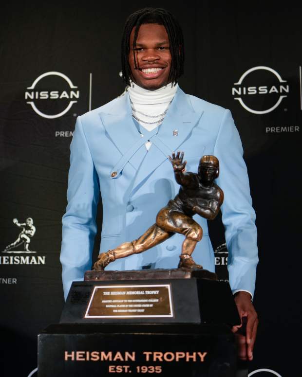 Colorado Buffaloes wide receiver/cornerback Travis Hunter poses for a photo during a press conference before the 2024 Heisman Trophy Presentation.