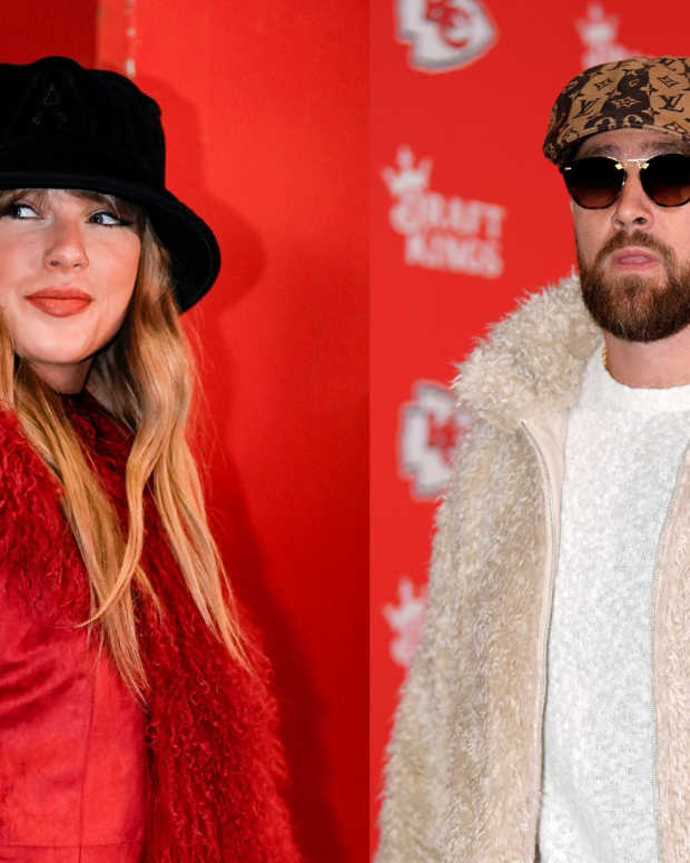 Chiefs tight end Travis Kelce and Taylor Swift at Arrowhead Stadium on Dec. 21, 2024.