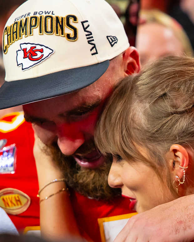 Kansas City Chiefs TE Travis Kelce celebrates with girlfriend Taylor Swift after defeating the San Francisco 49ers in Super Bowl LVIII.