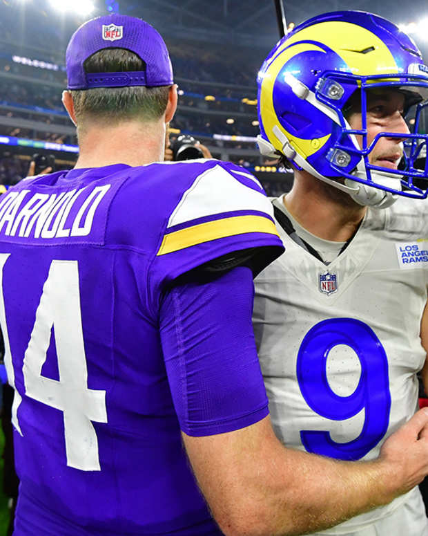 Vikings Sam Darnold and Rams Matthew Stafford meet up after their Week 8 game.