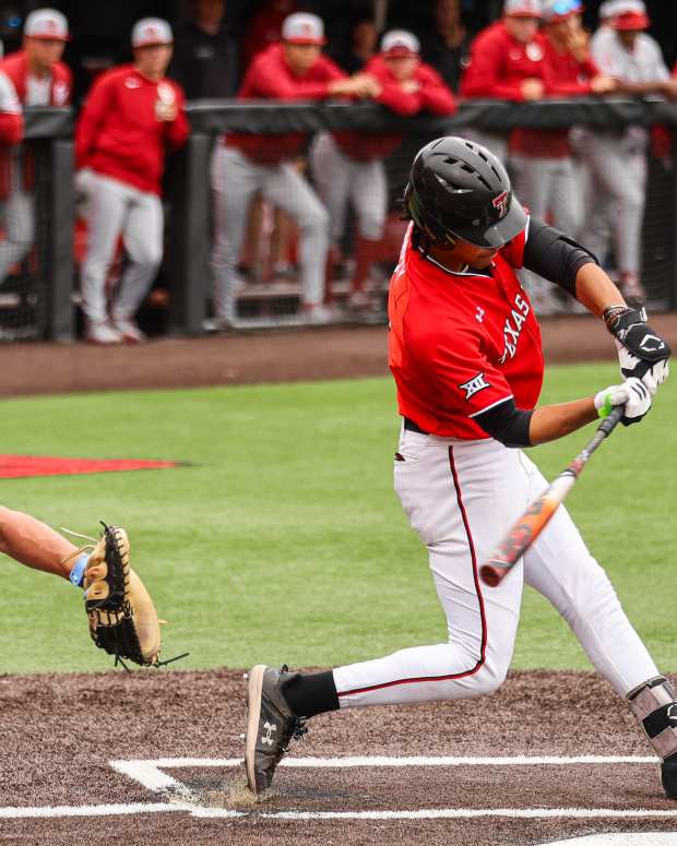 Texas Tech’s TJ Pompey swings at the ball against Oklahoma in game two of their Big 12 conference baseball series, Saturday, May 4, 2024, at Rip Griffin Park.  