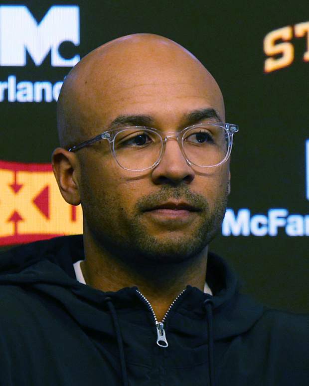 Iowa State's wide receiver coach Noah Pauley talks to the media at the school football facility on Wednesday, April 10, 2024, in Ames, Iowa.