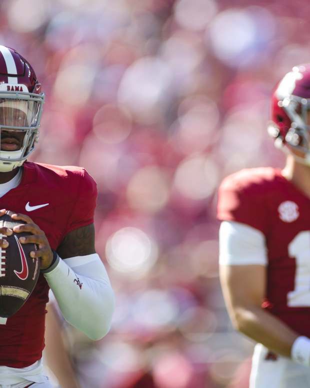 Alabama Crimson Tide quarterbacks Jalen Milroe, Ty Simpson