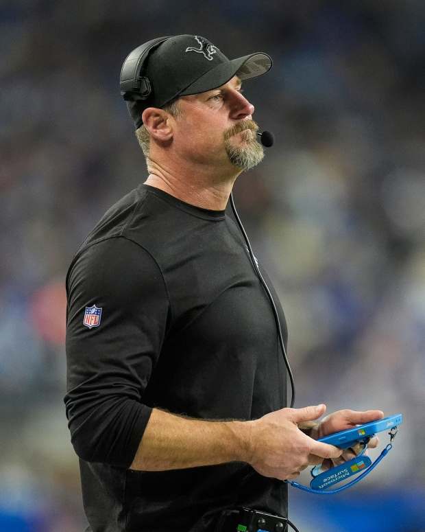 Detroit Lions head coach Dan Campbell watches a play against Washington Commanders during the first half of the NFC divisional round at Ford Field in Detroit on Saturday, Jan. 18, 2025.