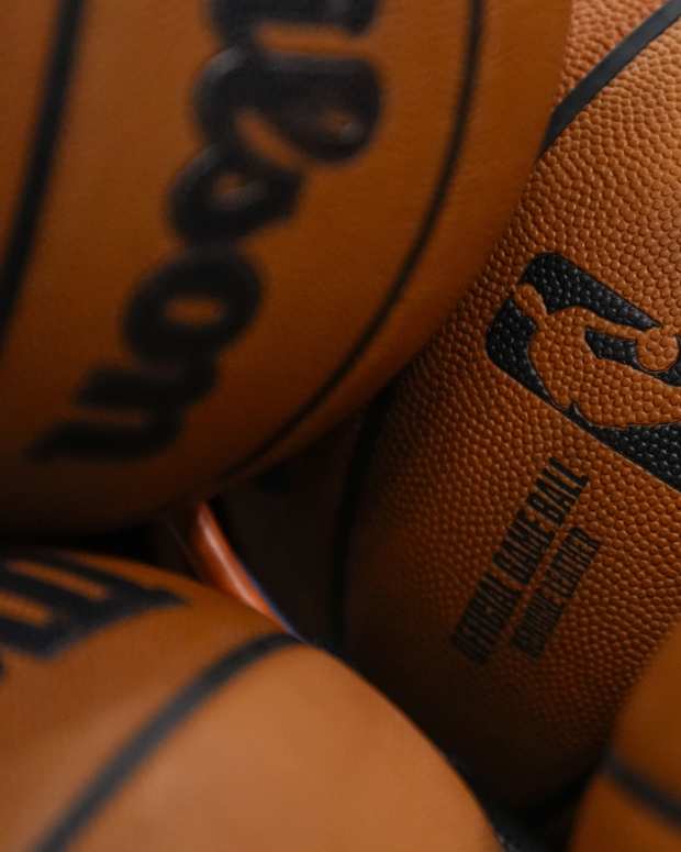 A general view of official NBA basketballs is seen prior to the game between the Detroit Pistons and Milwaukee Bucks at Fiserv Forum on Nov. 13, 2024.