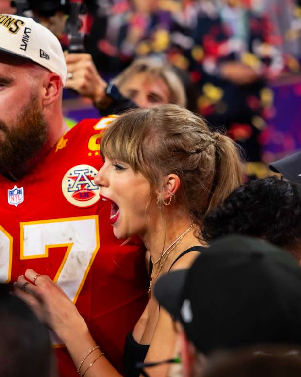 Kansas City Chiefs tight end Travis Kelce celebrates the 2024 Super Bowl win with girlfriend Taylor Swift.