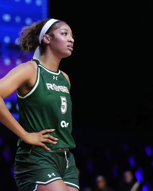 Angel Reese (5) of the Rose Basketball Calub takes a moment during a timeout in the Unrivaled women’s professional basketball league.