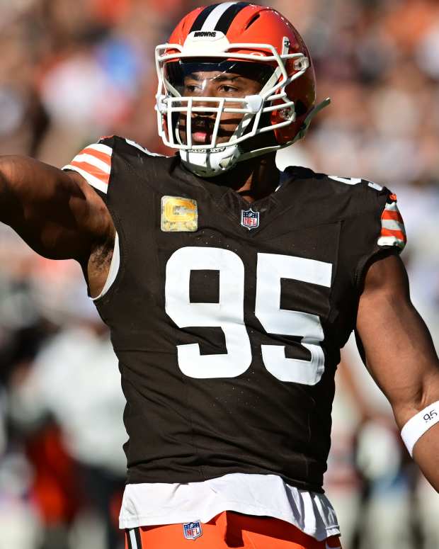 Cleveland Browns defensive end Myles Garrett (95) celebrates after a play during the first quarter against the Los Angeles Chargers.