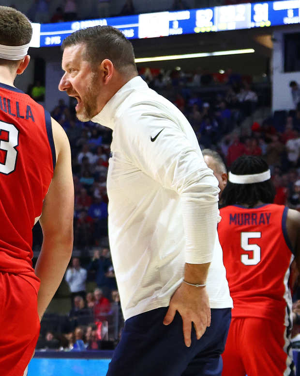 Ole Miss basketball head coach Chris Beard with PG Sean Pedulla