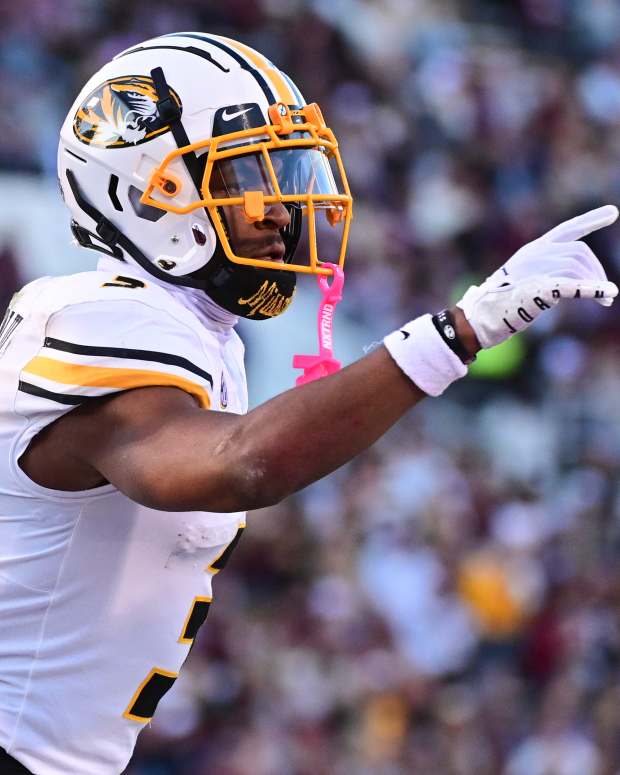 Nov 23, 2024; Starkville, Mississippi, USA; Missouri Tigers wide receiver Luther Burden III (3) reacts after a touchdown against the Mississippi State Bulldogs during the second quarter at Davis Wade Stadium at Scott Field.