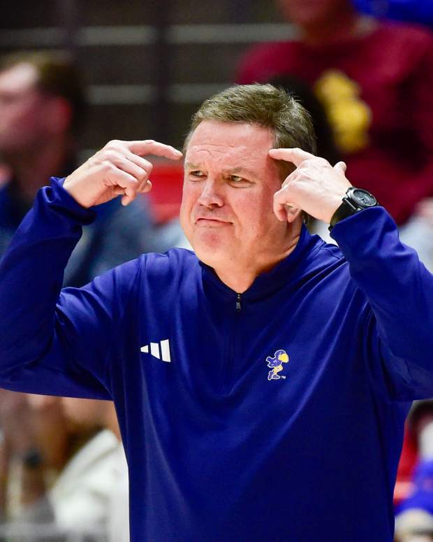 Feb 15, 2025; Salt Lake City, Utah, USA; Kansas Jayhawks head coach Bill Self calls a play against the Utah Utes during the first half at the Jon M. Huntsman Center. 