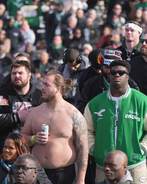 Feb 14, 2025; Philadelphia, PA, USA; Philadelphia Eagles players including Jordan Mailata (68) Landon Dickerson (69) Nick Gates (61) and Jordan Davis (90) during the Super Bowl LIX championship parade and rally. Mandatory Credit: Kirby Lee-Imagn Images  