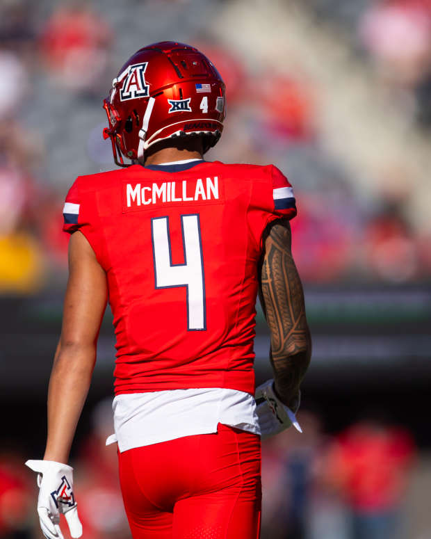 Arizona Wildcats wide receiver Tetairoa McMillan (4) against the Arizona State Sun Devils during the Territorial Cup at Arizona Stadium.