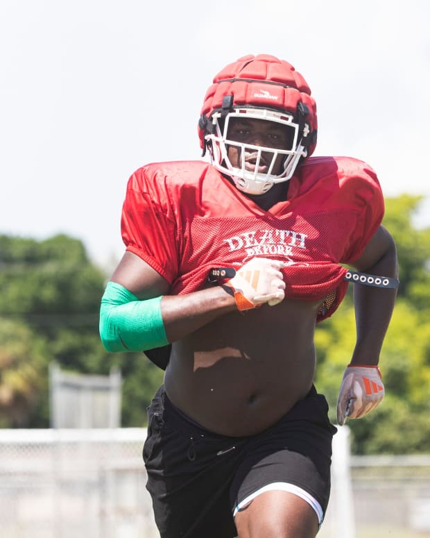 James Johnson, a defensive lineman for the North Fort Myers High School football team practices on Tuesday, Sept. 17, 2024. 