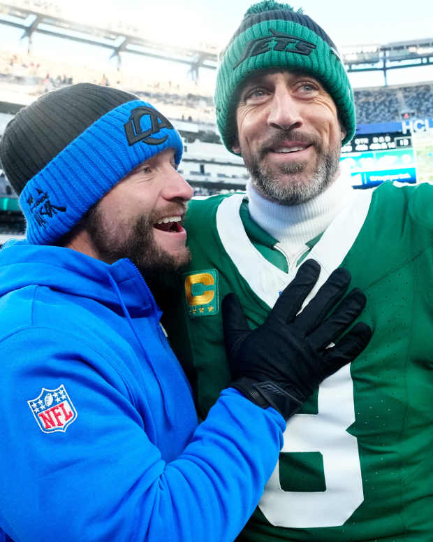 Los Angles Rams Head Coach Sean. McVay is shown with New York Jets quarterback Aaron Rodgers (8) after the game, Sunday, December 22, 2024, in East Rutherford