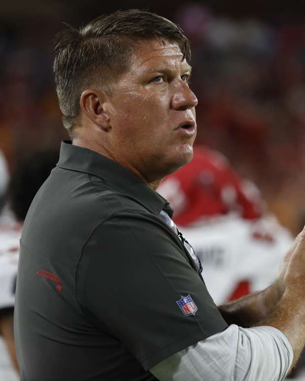 Aug 14, 2021; Tampa, Florida, USA; Tampa Bay Buccaneers general manager Jason Licht during the second quarter against the Cincinnati Bengals at Raymond James Stadium.