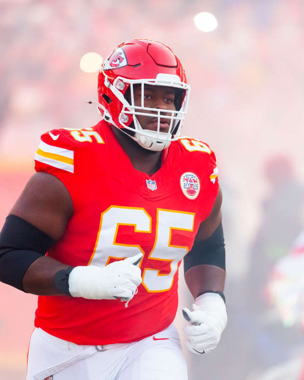 Kansas City Chiefs guard Trey Smith (65) against the Buffalo Bills in the AFC Championship game.