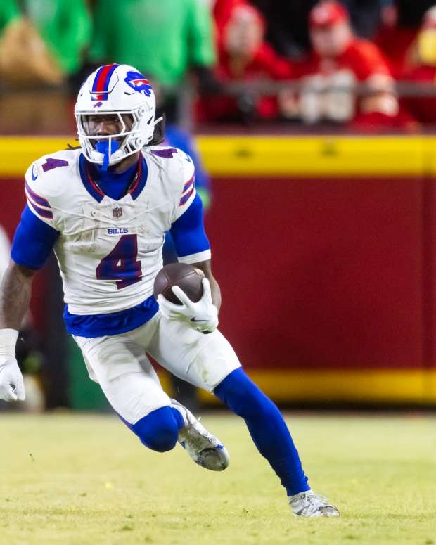 Buffalo Bills running back James Cook (4) against the Kansas City Chiefs during the AFC Championship game at GEHA Field at Arrowhead Stadium.