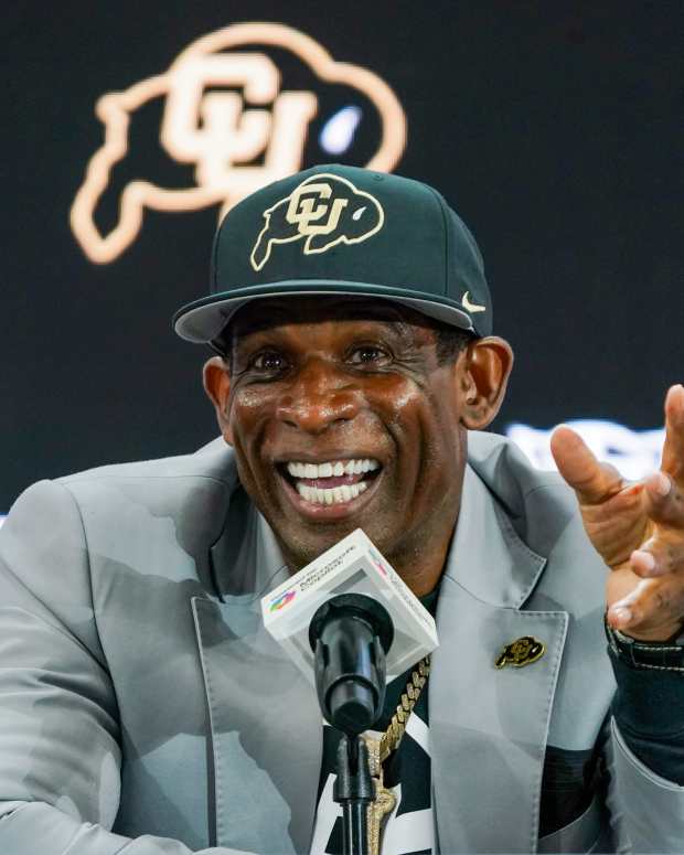 Jul 9, 2025; Frisco, TX, USA; Colorado head coach Deion Sanders speaks with the media during 2025 Big 12 Football Media Days at The Star. Mandatory Credit: Raymond Carlin III-Imagn Images
