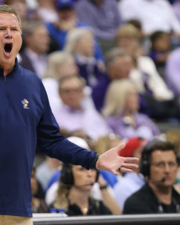 Kansas coach Bill Self yells out at players in the first half of the Big 12 Conference Tournament first round game against Cincinnati Wednesday, March 13, 2024, inside the T-Mobile Center in Kansas City, Mo.