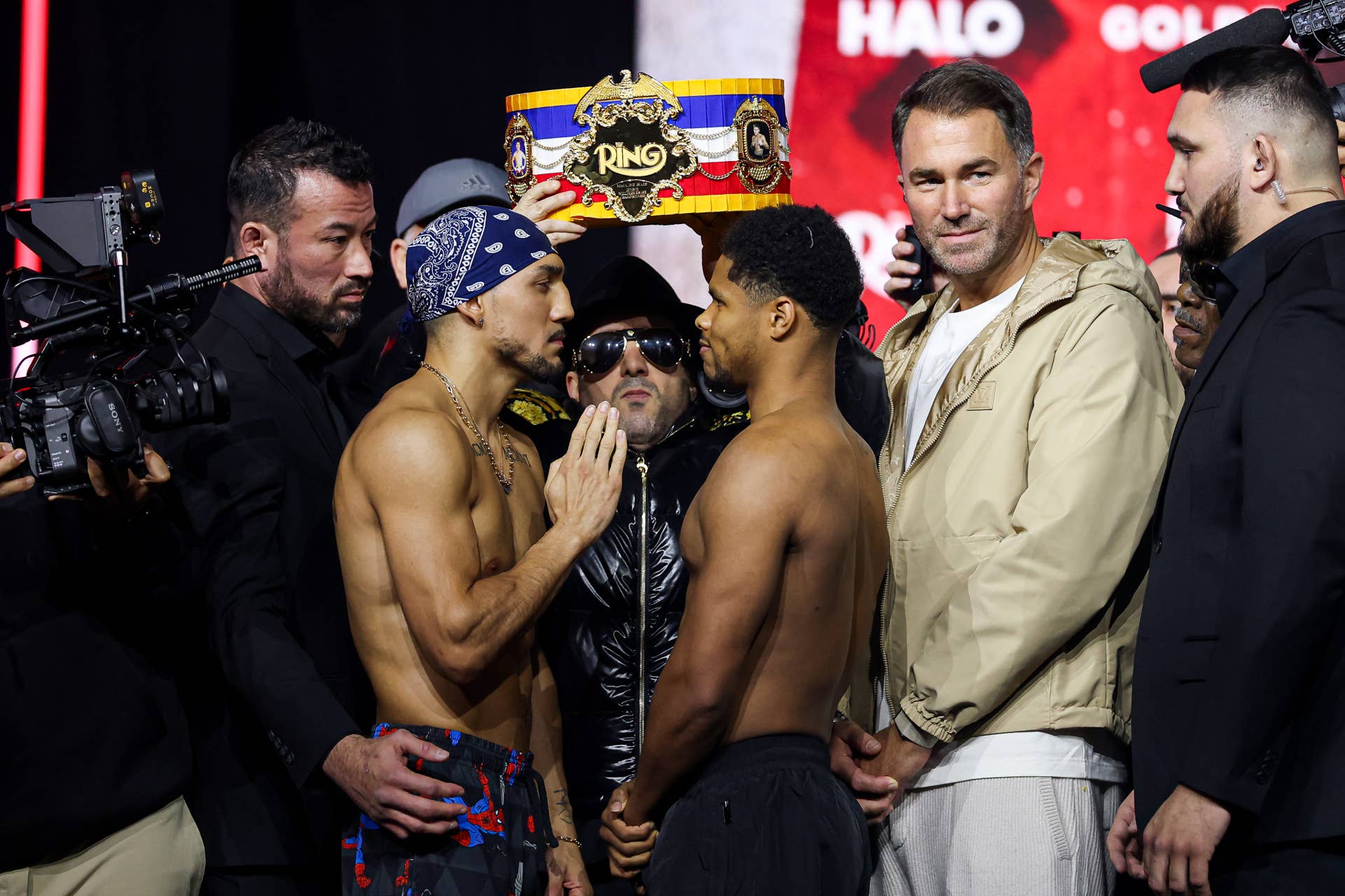 Shakur Stevenson faces Teofimo Lopez during their January 2026 fight-week appearance