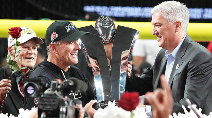Kyle Whittingham, Utah Utes Football at the 2021 Pac-12 Championship Game with Commissioner George Kliavkoff