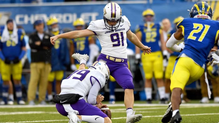 James Madison place-kicker Ethan Ratke (91) scored an FCS-leading 150 points this season, giving him 542 over a 58-game career. (JMU Athletics)