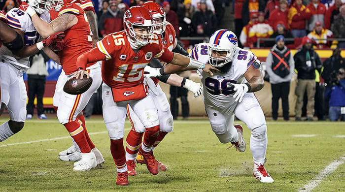 Patrick Mahomes, Kansas City Chiefs vs. Buffalo Bills in AFC Divisional Playoff game on Jan. 23, 2022