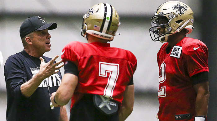 Sean Payton, Taysom Hill and Jameis Winston, New Orleans Saints