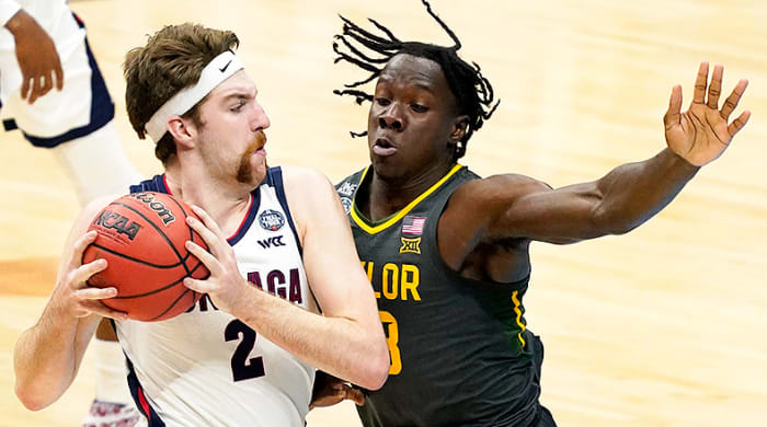 Gonzaga Bulldogs forward Drew Timme and Baylor Bears forward Jonathan Tchamwa Tchatchoua during championship game of 2021 NCAA Tournament