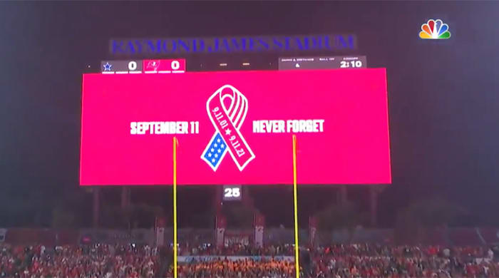 Sept. 11 "Never Forget" scoreboard, 20-year anniversary of 9/11