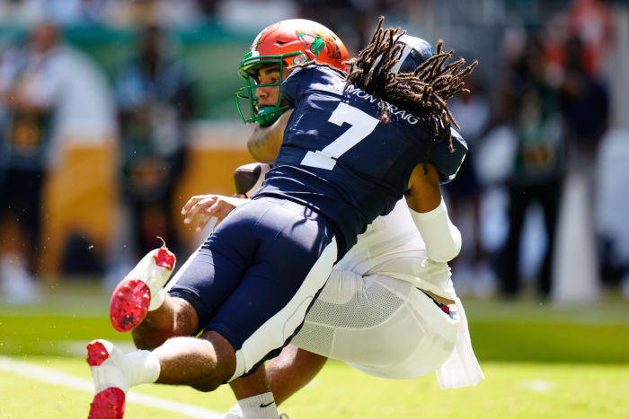 9/4/2022;  Miami, FL, USA;  Jackson State Tigers safety Cam'Ron Silmon-Craig (7) sacks Florida A&M Rattlers quarterback Jeremy Moussa (8) during the first quarter at Hard Rock Stadium.  Mandatory Credit: Rich Story-USA TODAY Sports