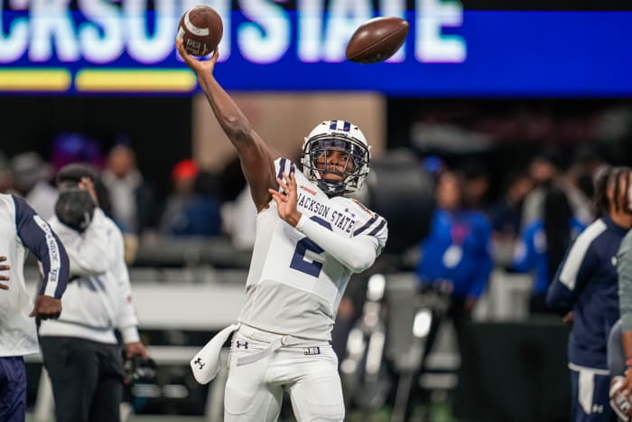 Dec 17, 2022;  Atlanta, GA, USA;  Jackson State Tigers quarterback Shedeur Sanders (2) takes to the field before the game against the North Carolina Central Eagles at the Celebration Bowl at Mercedes-Benz Stadium.  Mandatory Credit: Dale Zanine-USA TODAY Sports