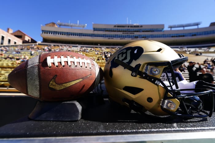 10/16/2021;  Boulder, Colo., United States;  General view of a Colorado Buffaloes helmet and football before the game against the Arizona Wildcats at Folsom Field.  Mandatory Credit: Ron Chenoy-USA TODAY Sports