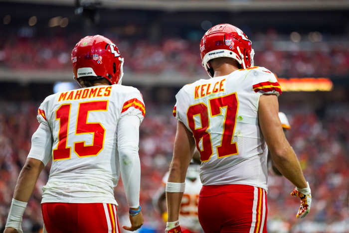 Sep 11, 2022; Glendale, Arizona, USA; Detailed view of the jersey of Kansas City Chiefs quarterback Patrick Mahomes (15) and tight end Travis Kelce (87) against the Arizona Cardinals at State Farm Stadium. Mandatory Credit: Mark J. Rebilas-USA TODAY Sports