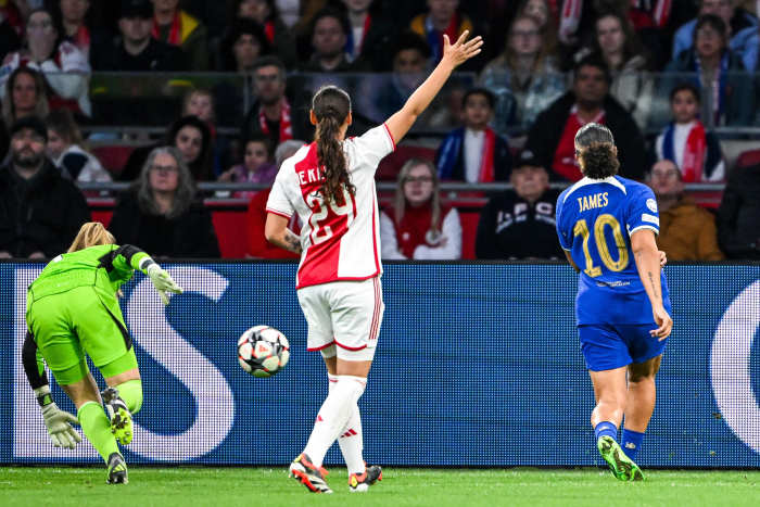 Chelsea forward Lauren James pictured (right) scoring a goal in her side's 3-0 win at Ajax in the first leg of their UEFA Women's Champions League quarter-final in March 2024