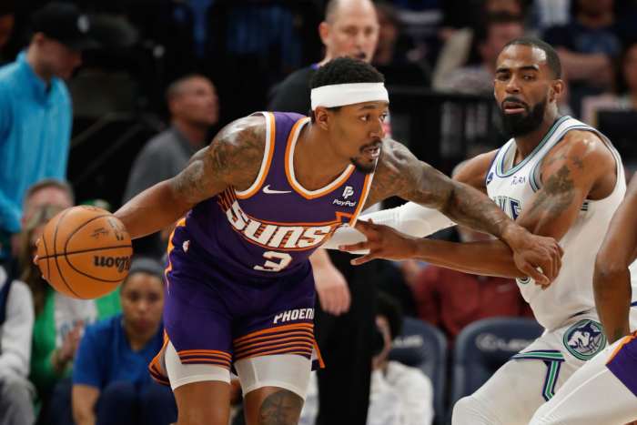 Phoenix Suns guard Bradley Beal (3) works around Minnesota Timberwolves guard Mike Conley (10) in the fourth quarter at Target Center. 