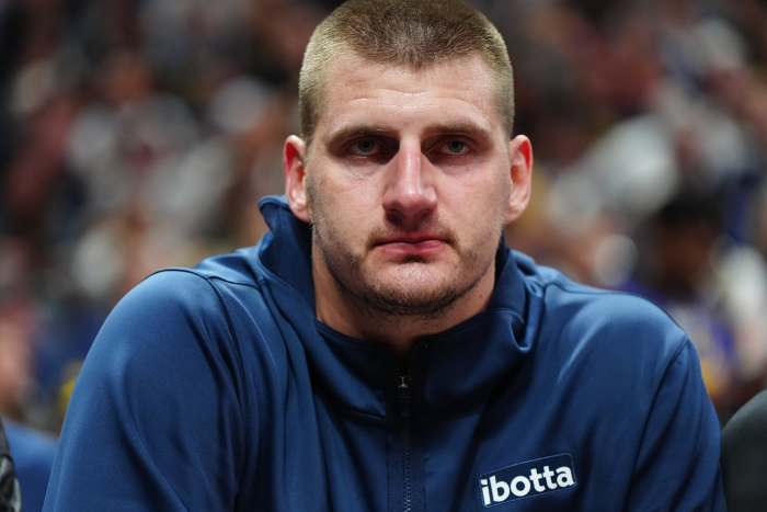 May 4, 2024; Denver, Colorado, USA; Denver Nuggets center Nikola Jokic (15) on the bench in the second quarter against the Minnesota Timberwolves during game one of the second round for the 2024 NBA playoffs at Ball Arena.