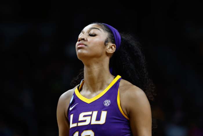 LSU Lady Tigers forward Angel Reese (10) reacts in the fourth quarter against the Iowa Hawkeyes in the finals of the Albany Regional in the 2024 NCAA Tournament at MVP Arena.